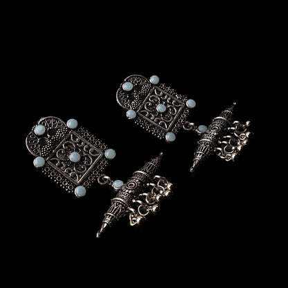 Mint Stone Studded Oxidised Statement Earrings With Hanging Ghunghuroo