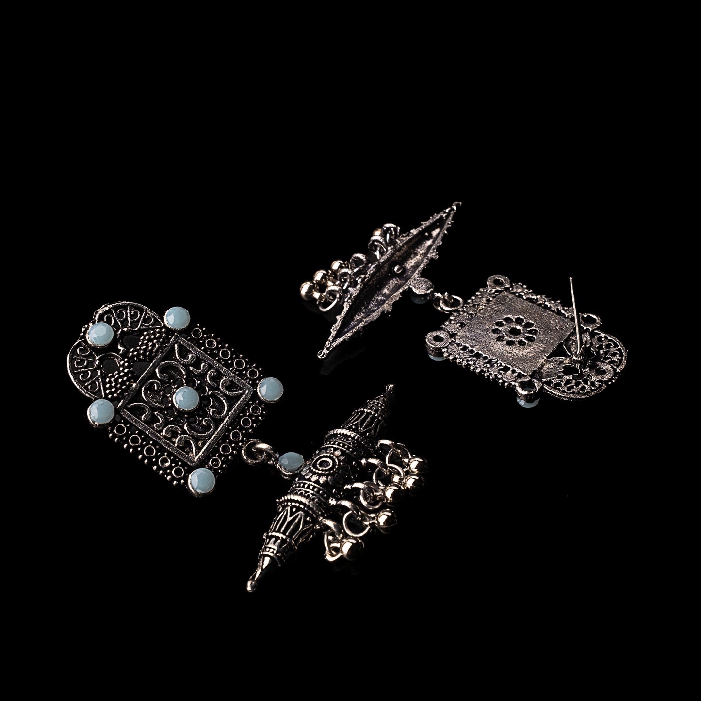 Mint Stone Studded Oxidised Statement Earrings With Hanging Ghunghuroo