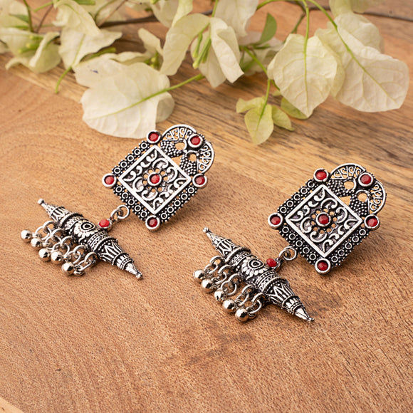 Dark Red Stone Studded Oxidised Statement Earrings With Hanging Ghunghuroo