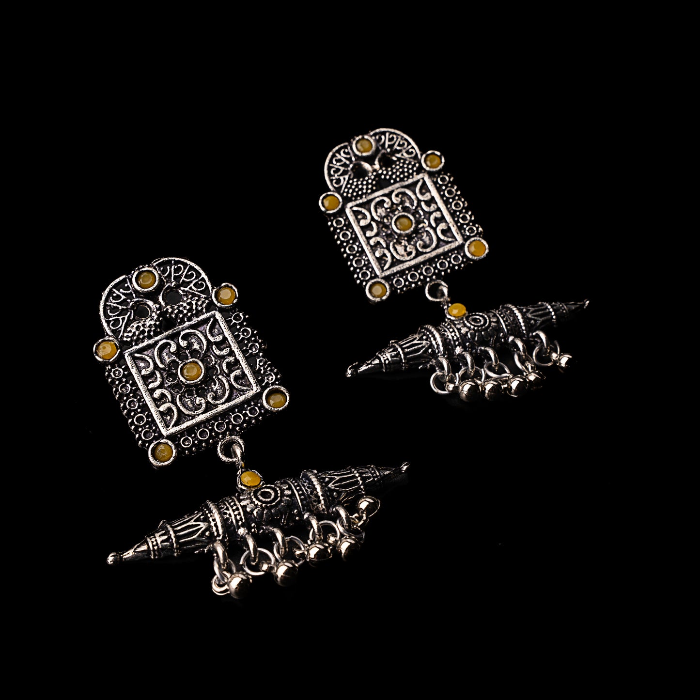Yellow Stone Studded Oxidised Statement Earrings With Hanging Ghunghuroo