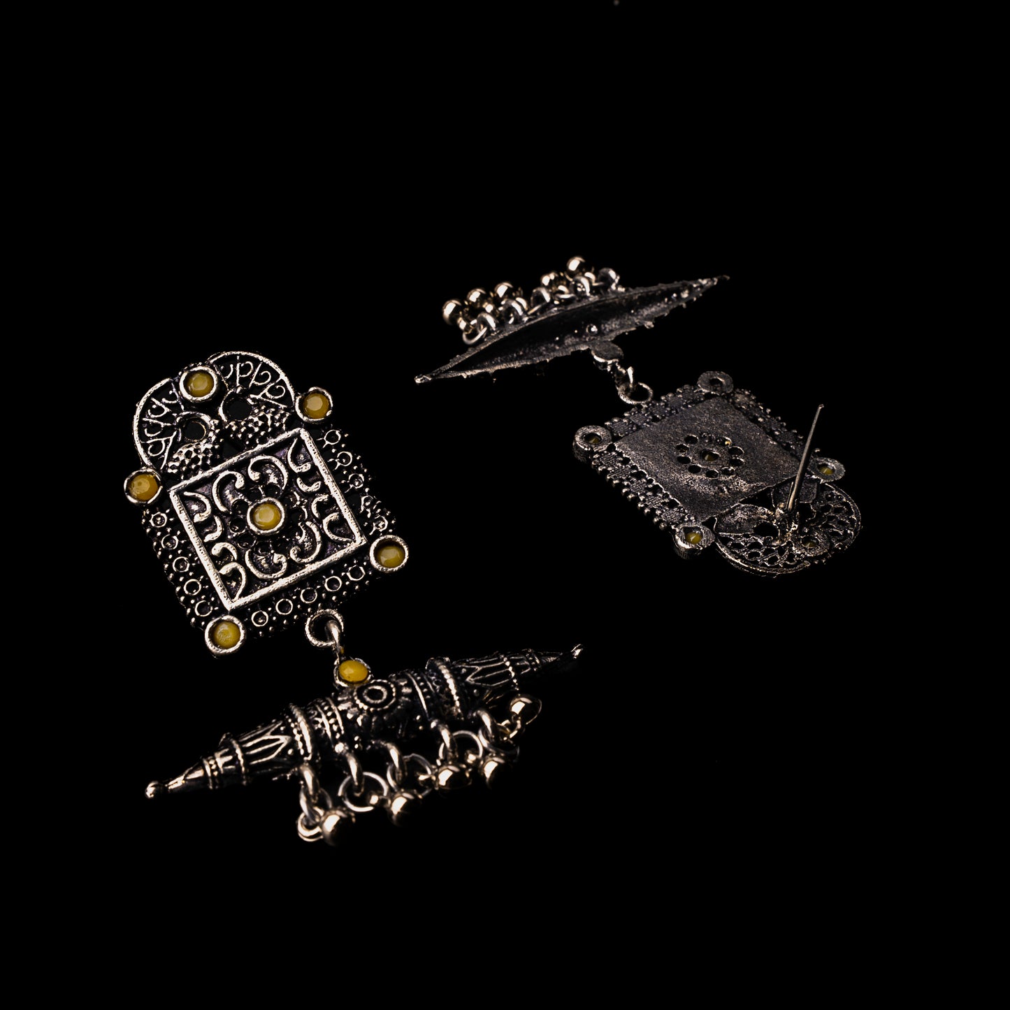Yellow Stone Studded Oxidised Statement Earrings With Hanging Ghunghuroo
