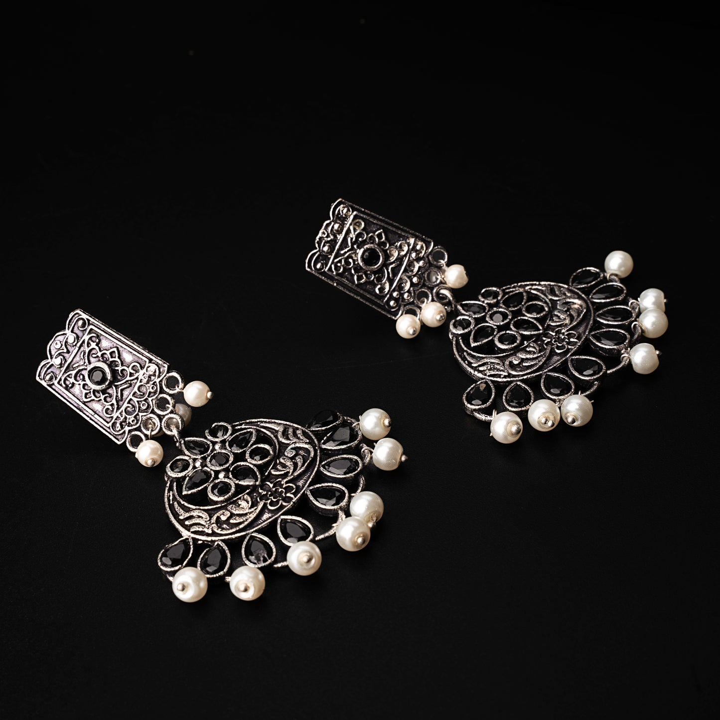 Black Stone Studded Statement Dangler Earrings