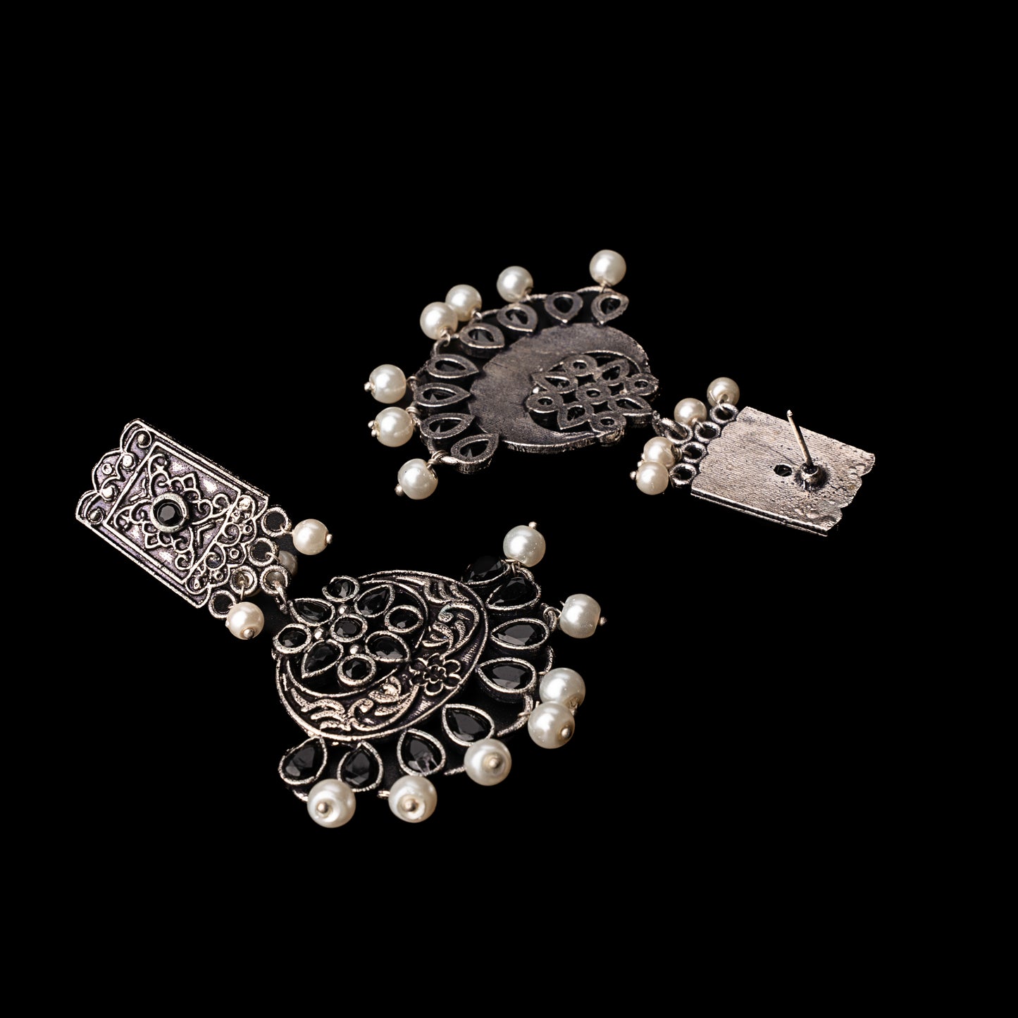Black Stone Studded Statement Dangler Earrings