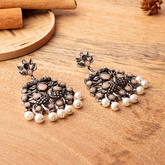 Light Orangish Stone Studded Danglers With Hanging Pearls
