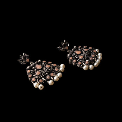 Light Orangish Stone Studded Danglers With Hanging Pearls