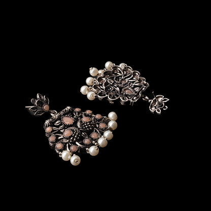 Light Orangish Stone Studded Danglers With Hanging Pearls