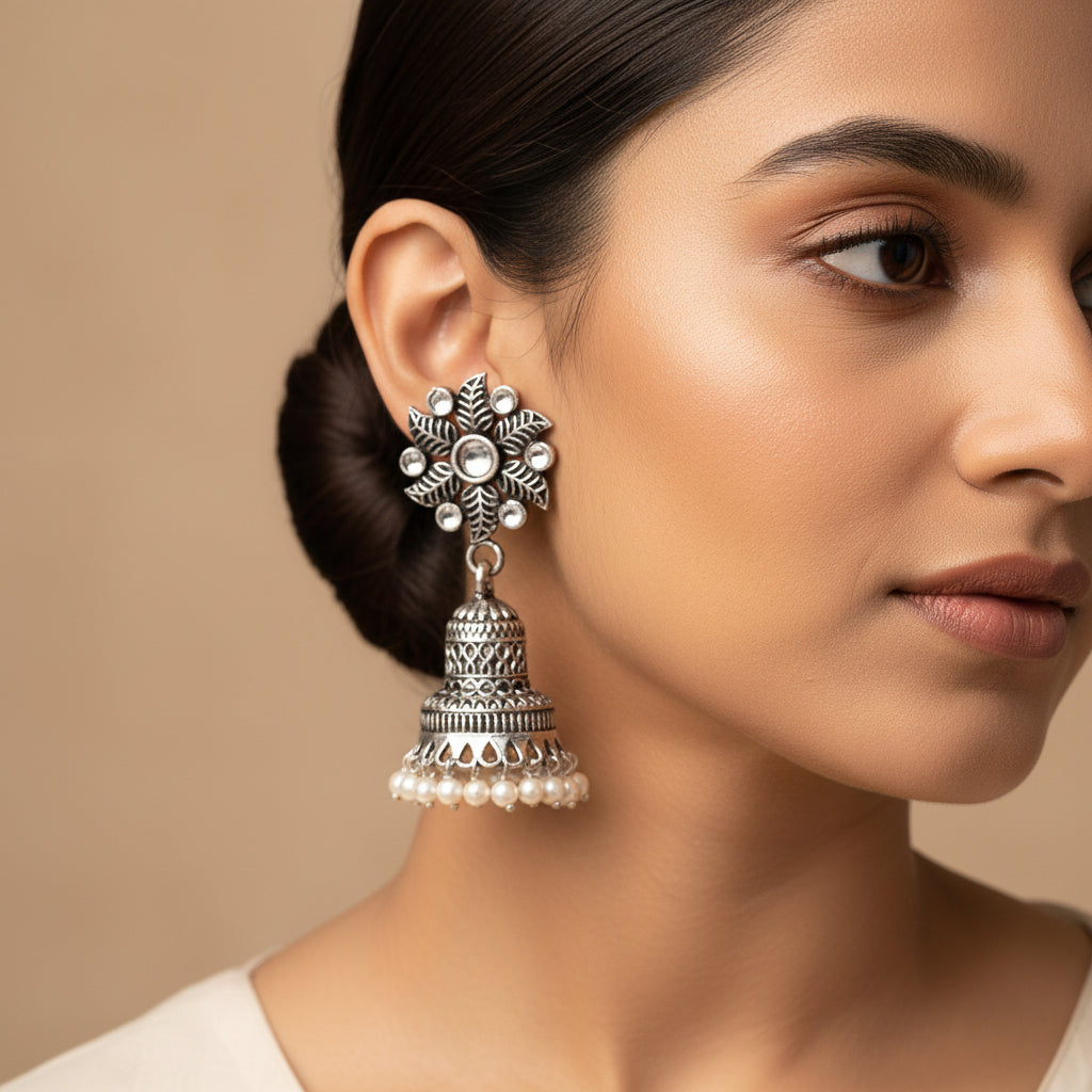 Fearless flower jhumki earring (White)