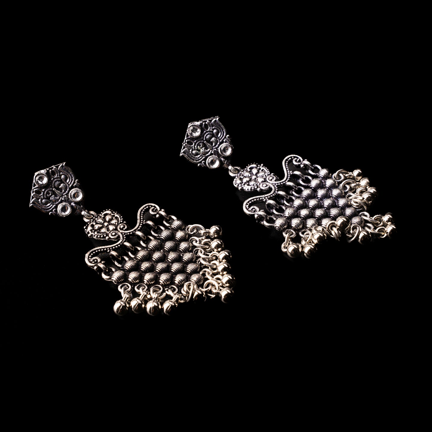 White Stone Studded Intricate Oxidised Dangler Earrings