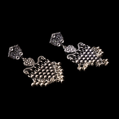 White Stone Studded Intricate Oxidised Dangler Earrings