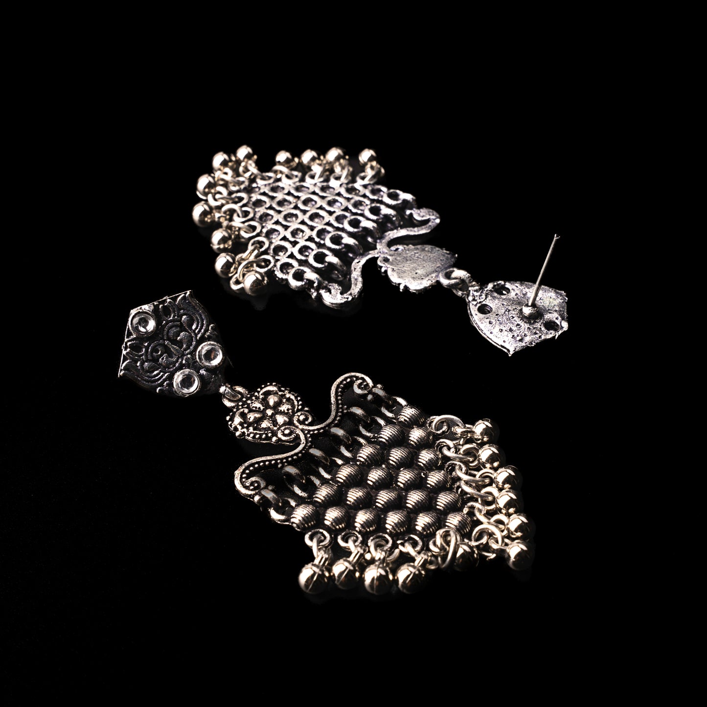 White Stone Studded Intricate Oxidised Dangler Earrings