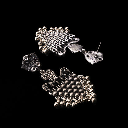 White Stone Studded Intricate Oxidised Dangler Earrings