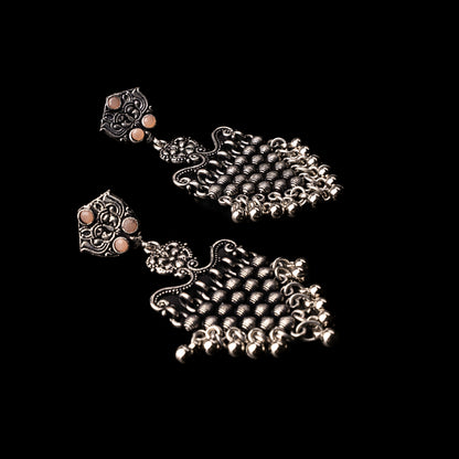 Light Orangish Stone Studded Intricate Oxidised Dangler Earrings