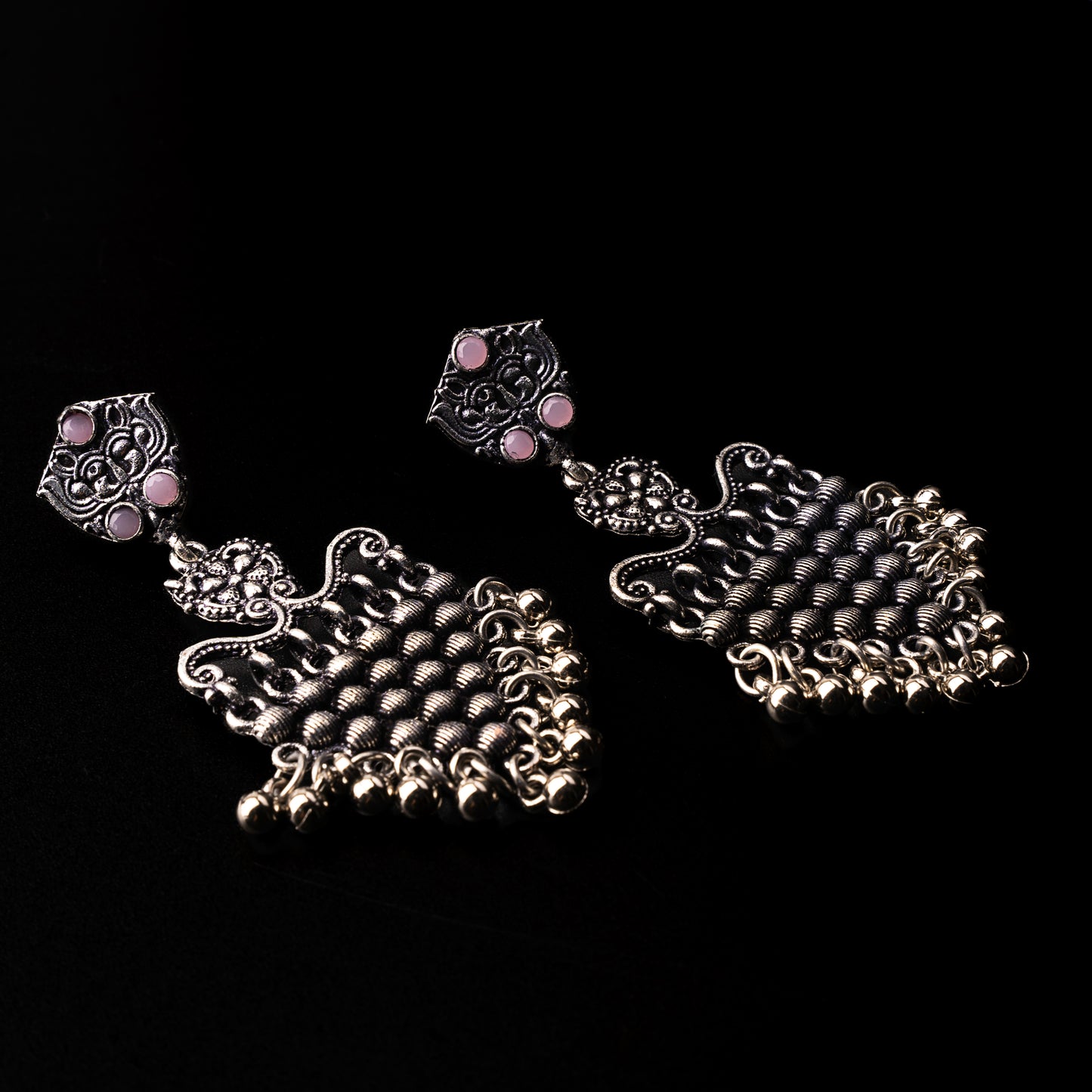 Baby Pink Stone Studded Intricate Oxidised Dangler Earrings