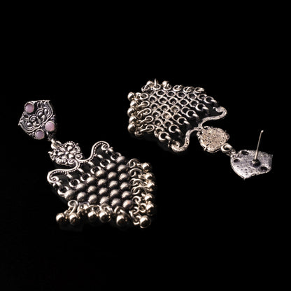 Baby Pink Stone Studded Intricate Oxidised Dangler Earrings