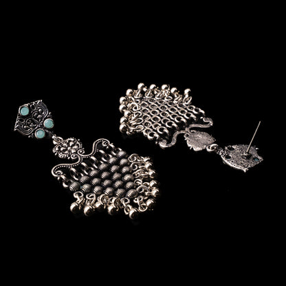 Mint Stone Studded Intricate Oxidised Dangler Earrings