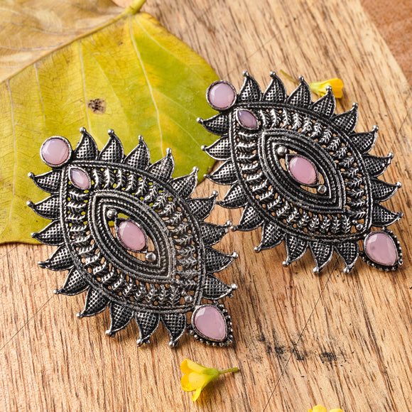 Baby Pink Stone Studded Oval Shaped Oxidised Earrings