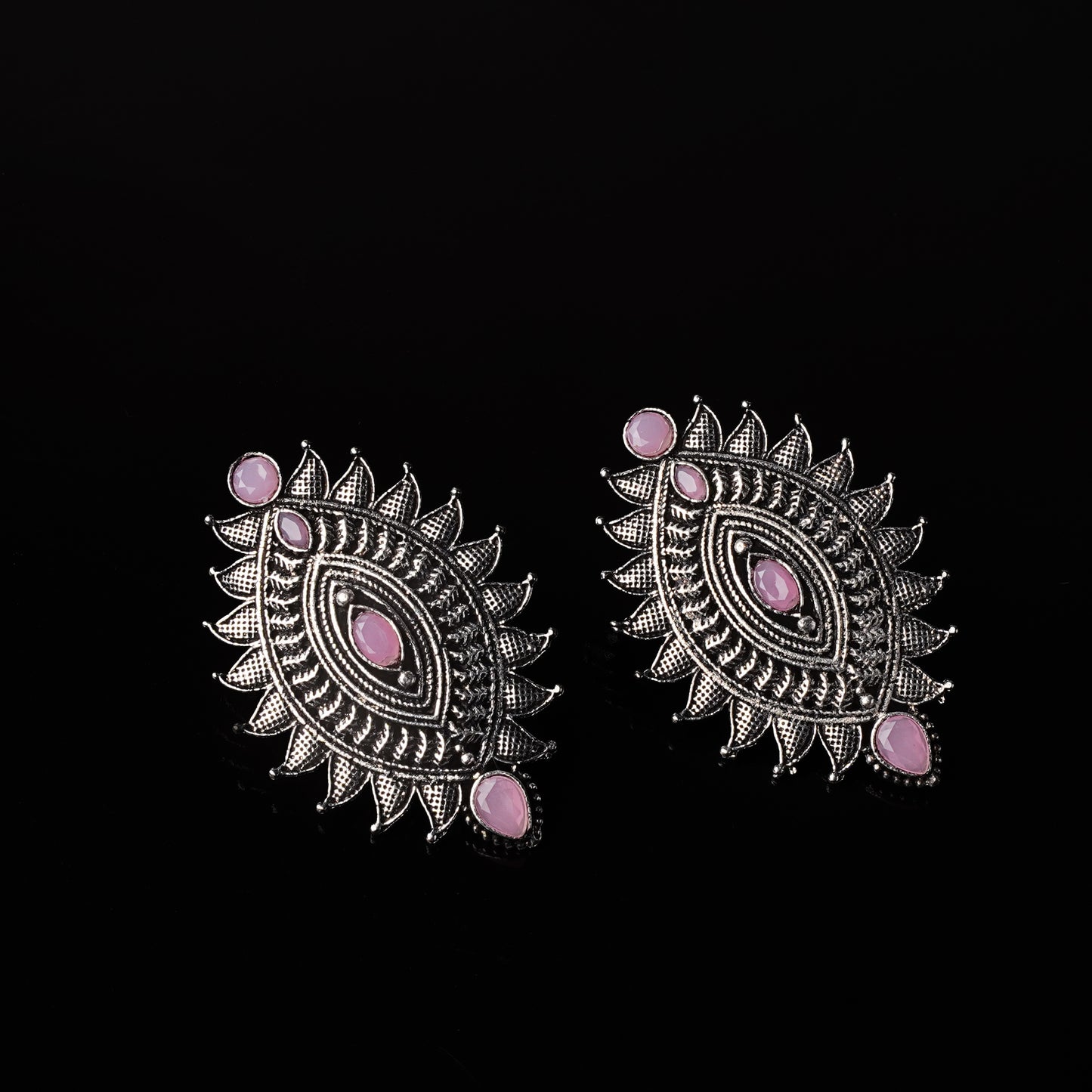 Baby Pink Stone Studded Oval Shaped Oxidised Earrings