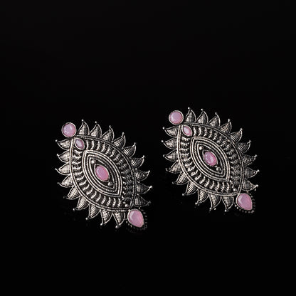 Baby Pink Stone Studded Oval Shaped Oxidised Earrings