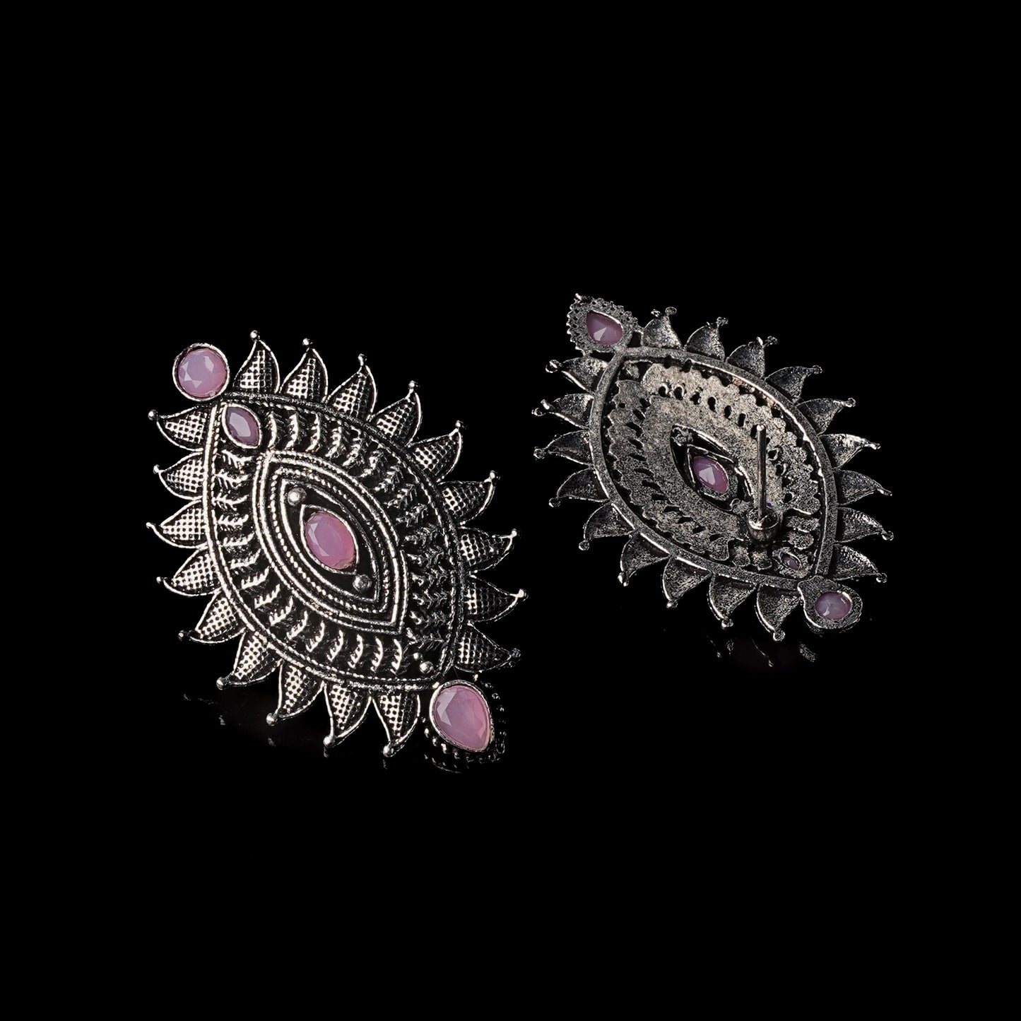 Baby Pink Stone Studded Oval Shaped Oxidised Earrings