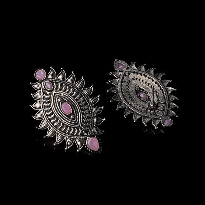 Baby Pink Stone Studded Oval Shaped Oxidised Earrings