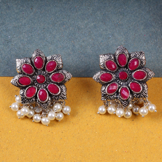 Red Stone Studded Oxidised Earrings With Hanging Pearls