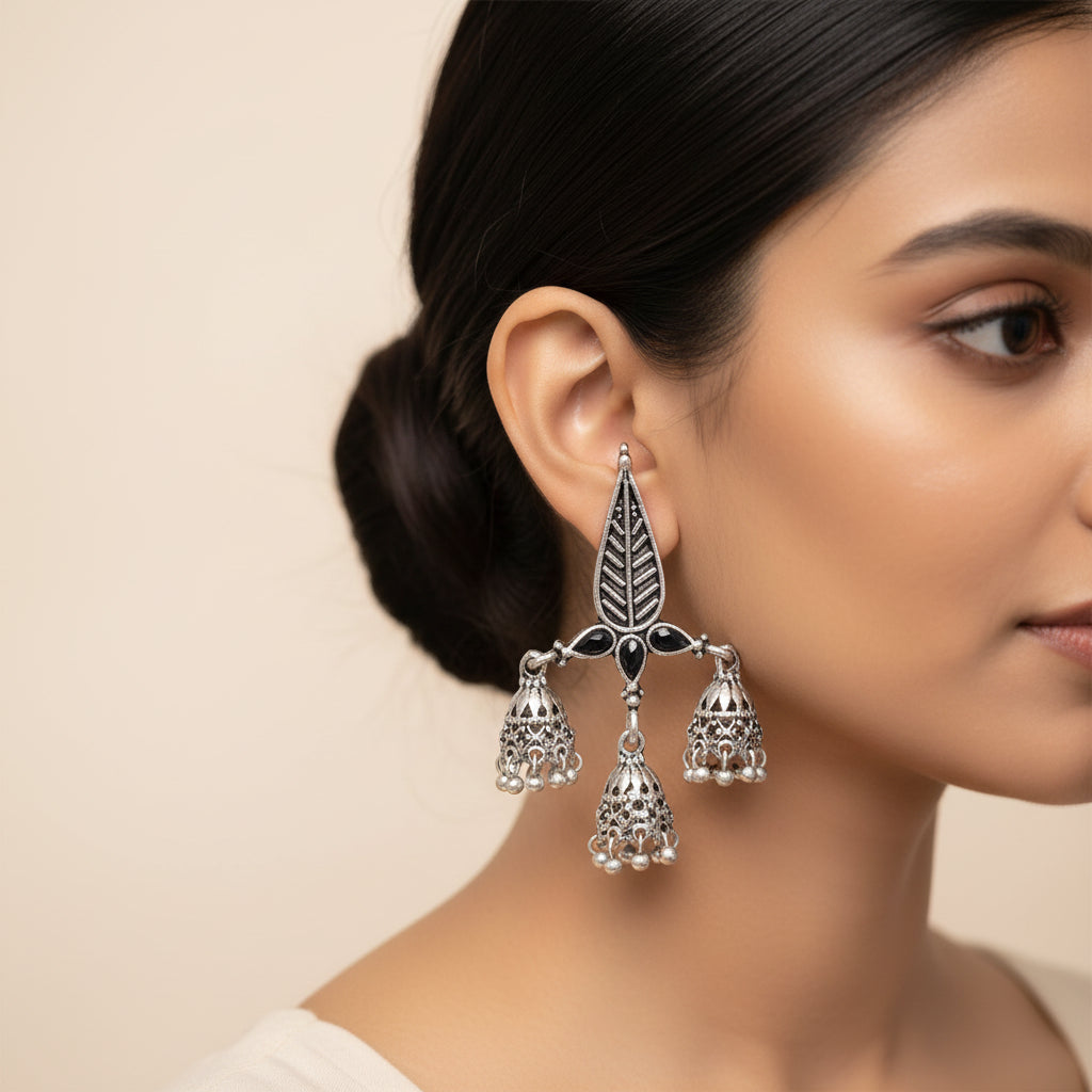 Tri-Leaf Jhumki earrings (Black)