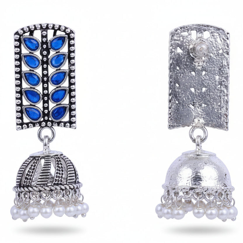 Regal leaffall stone studded jhumki earrings (Blue)