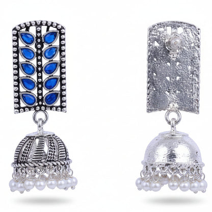 Regal leaffall stone studded jhumki earrings (Blue)