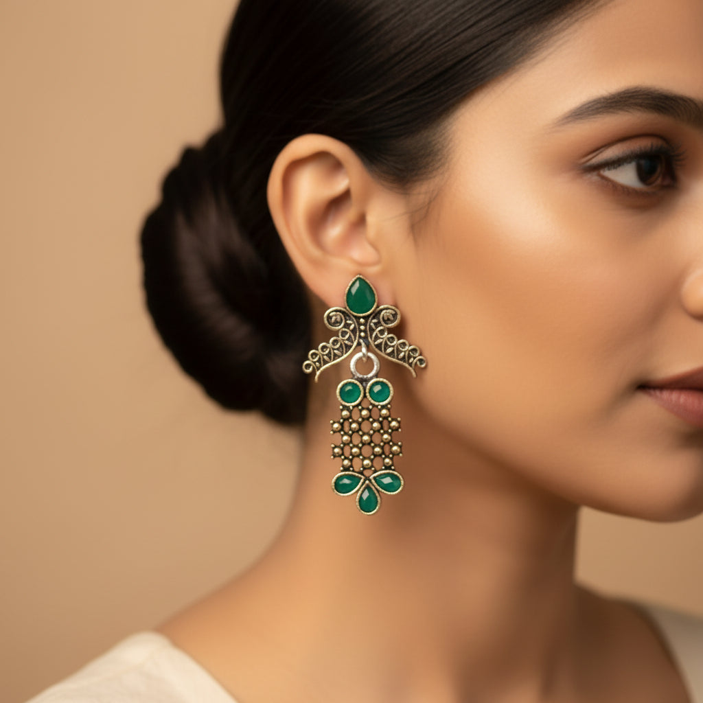 Twilight Tassles pearl dangler earrings (Green)