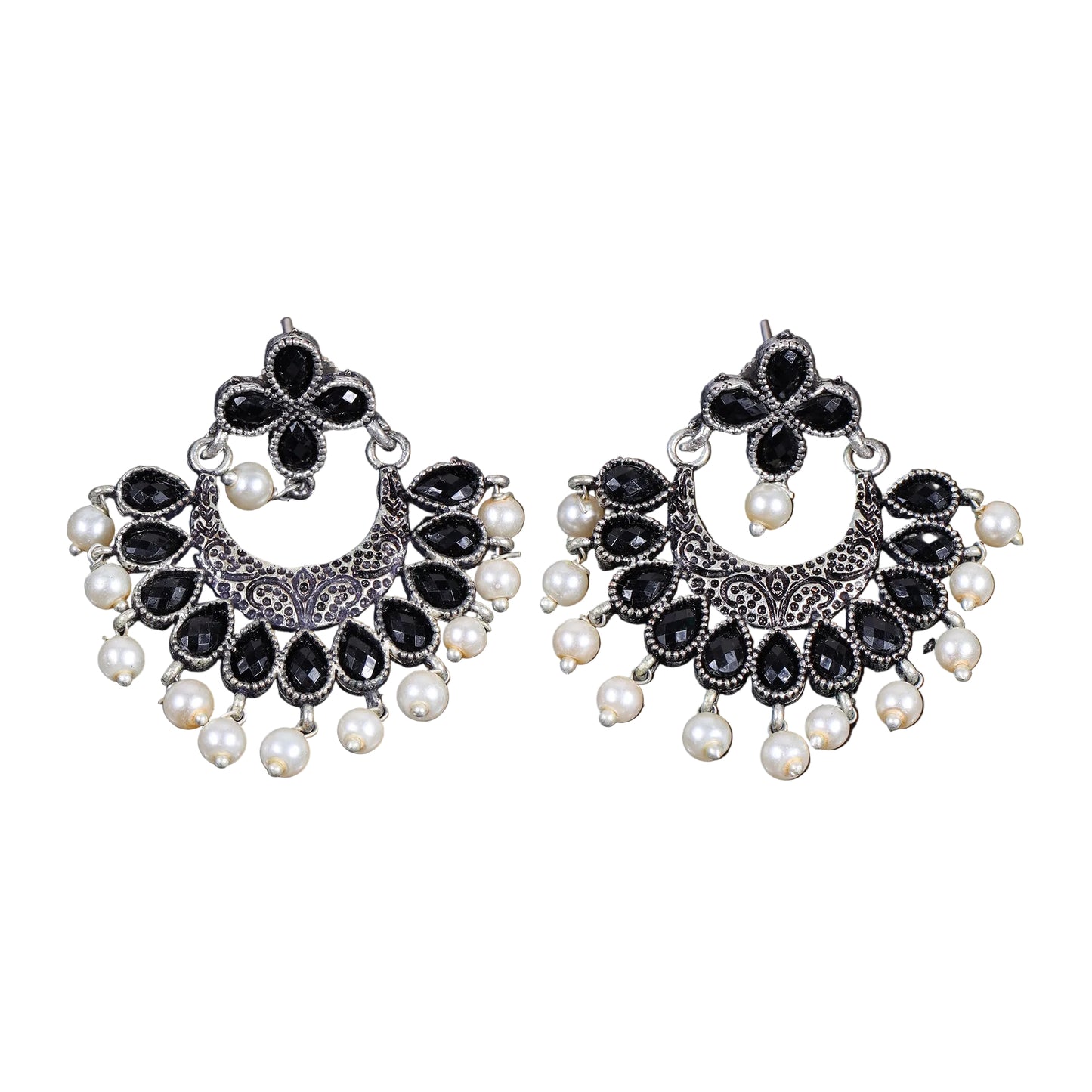 Black Stone Studded Statement German Silver Dangler Earrings