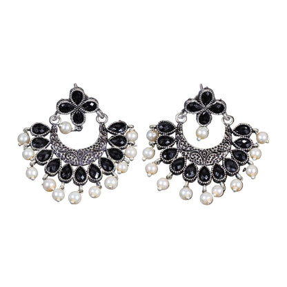 Black Stone Studded Statement German Silver Dangler Earrings