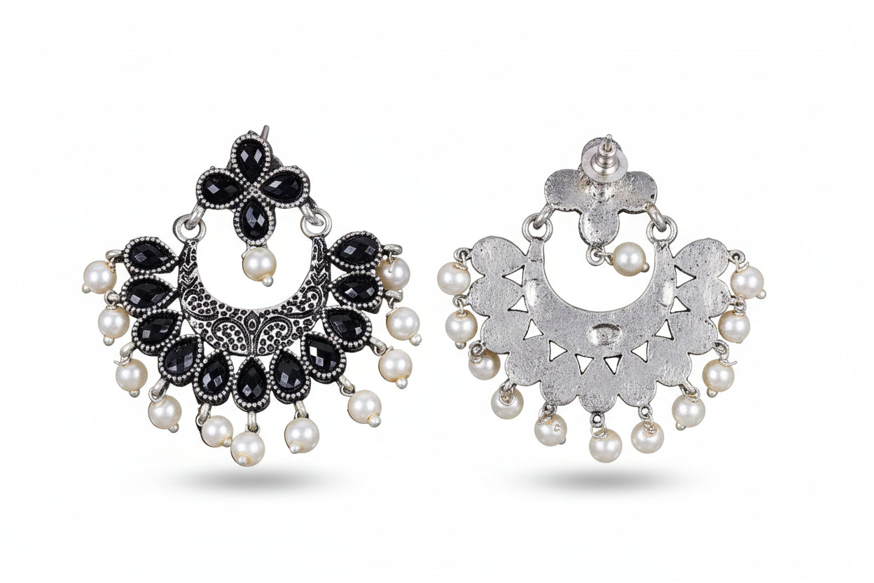 Black Stone Studded Statement German Silver Dangler Earrings