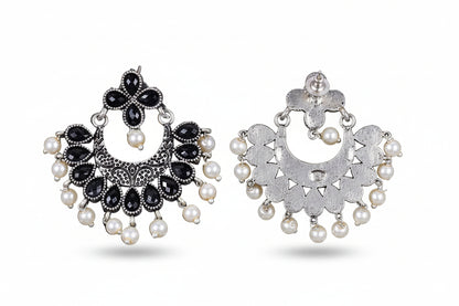 Black Stone Studded Statement German Silver Dangler Earrings