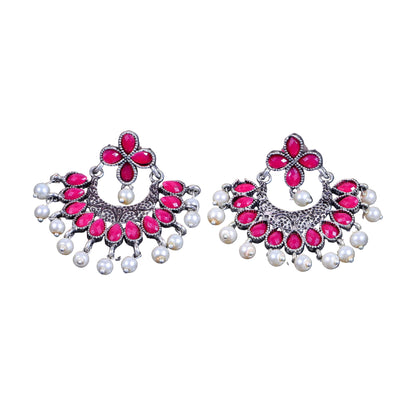 Red Stone Studded Statement German Silver Dangler Earrings