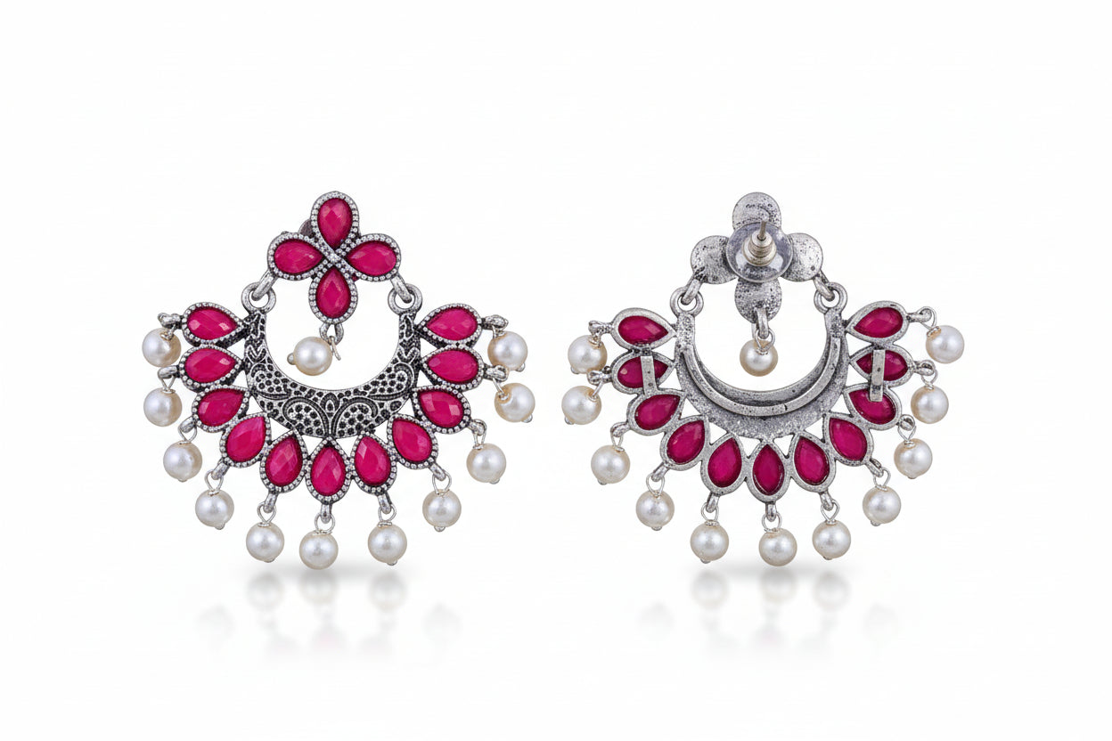 Red Stone Studded Statement German Silver Dangler Earrings
