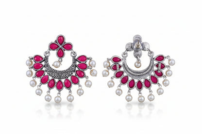 Red Stone Studded Statement German Silver Dangler Earrings