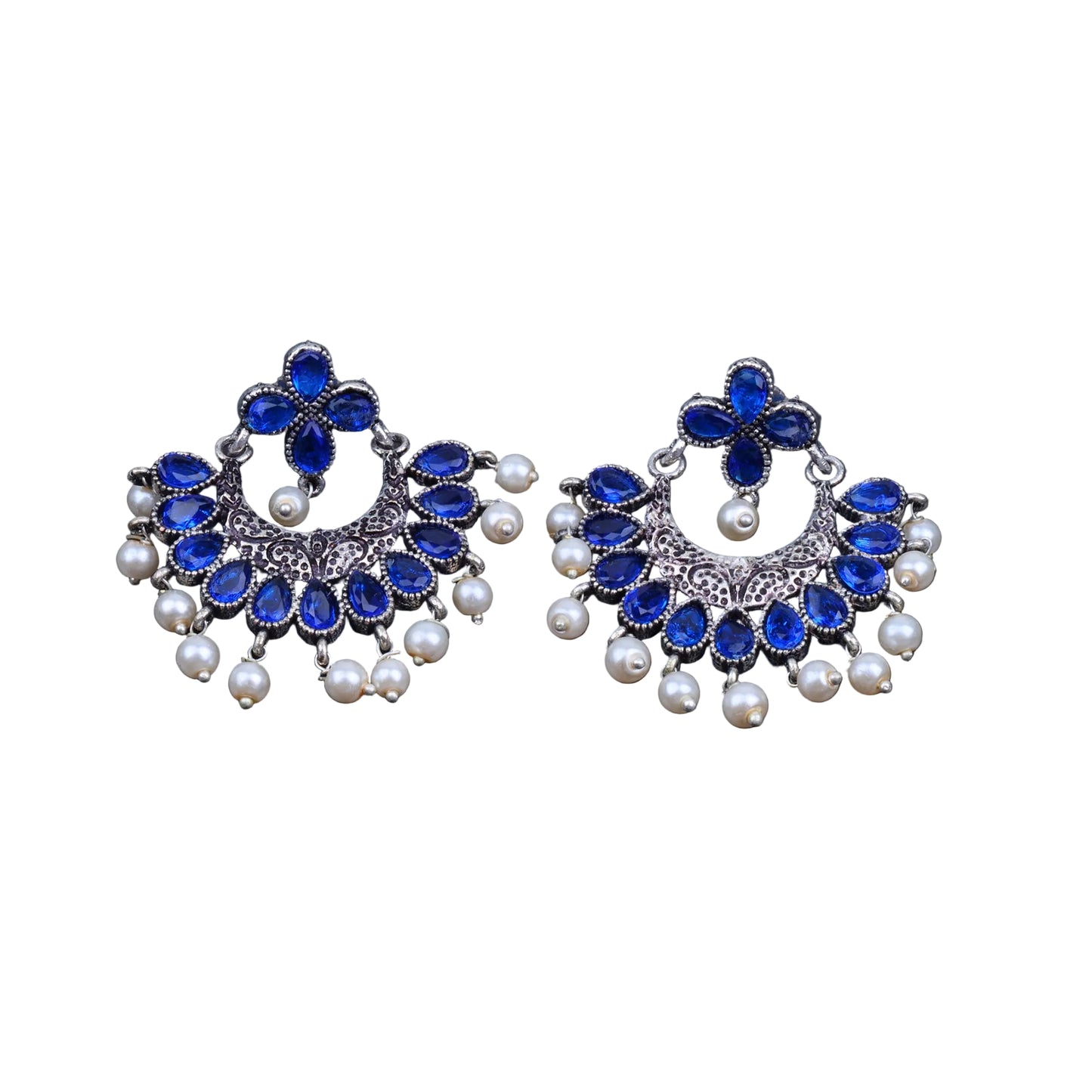 Blue Stone Studded Statement German Silver Dangler Earrings