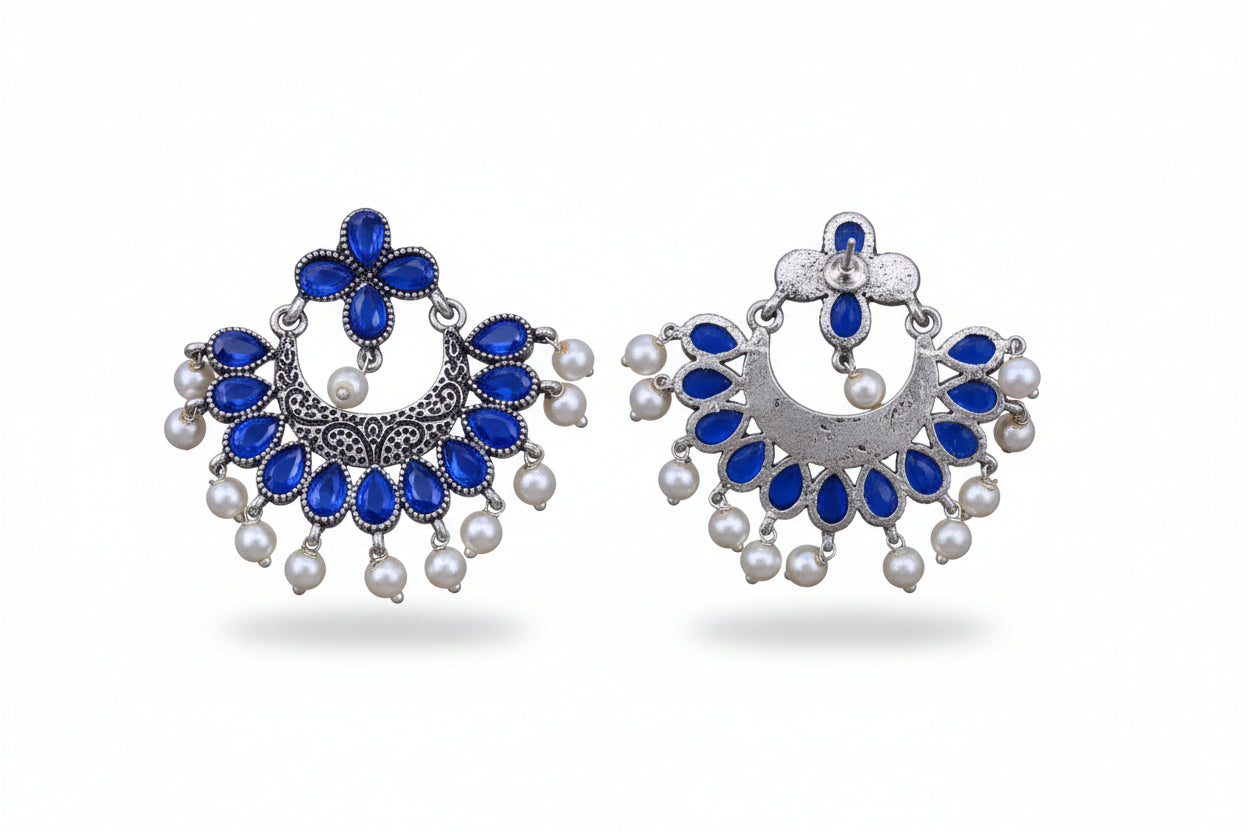 Blue Stone Studded Statement German Silver Dangler Earrings