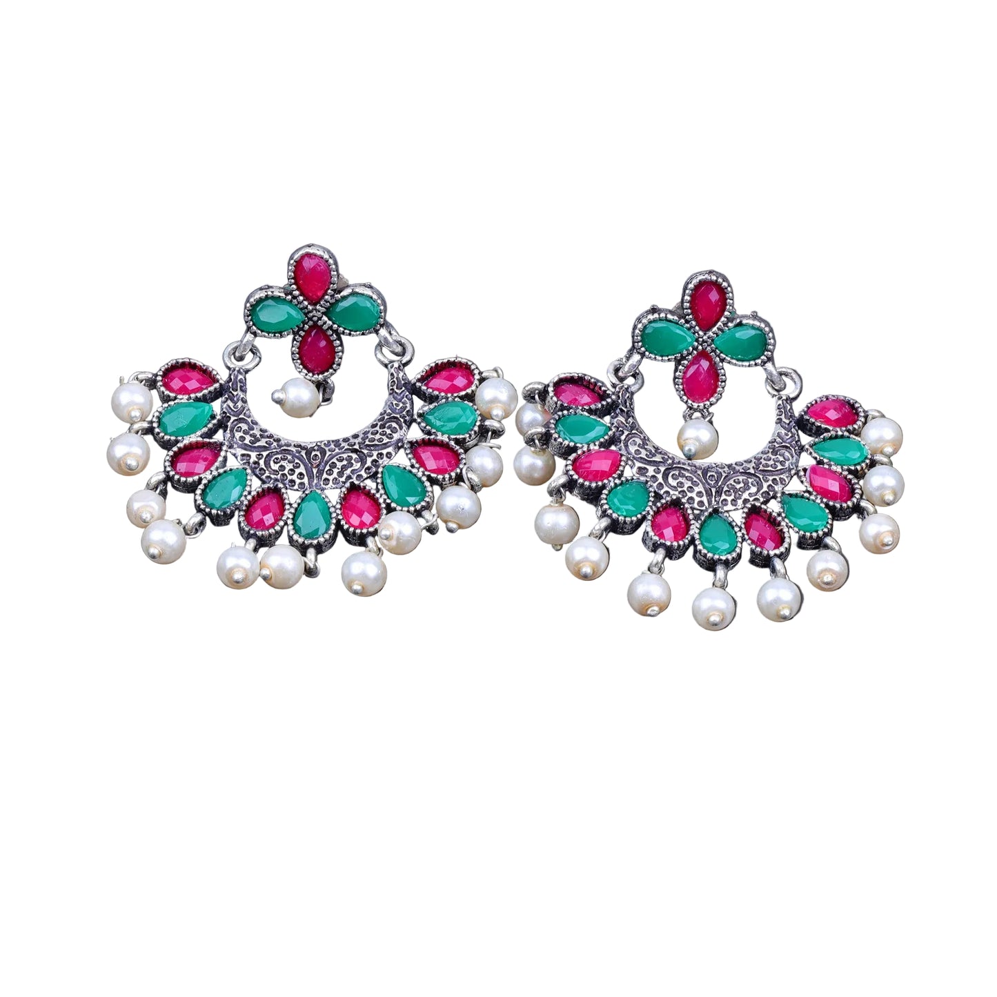 Multicolored Stone Studded Statement German Silver Dangler Earrings