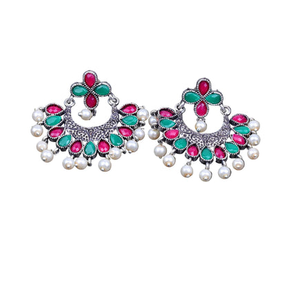 Multicolored Stone Studded Statement German Silver Dangler Earrings