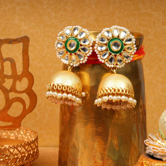 Kundan studded Matt finished Brass Danglers with hanging Baby Pearls