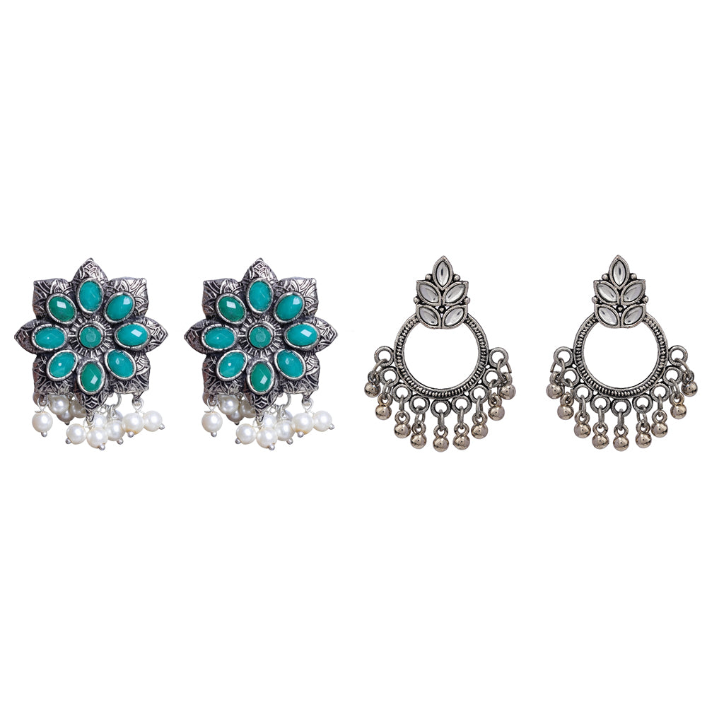 Jugni vibrant stud earrings (Green)&Fine Shine stud earrings (White) Combo set