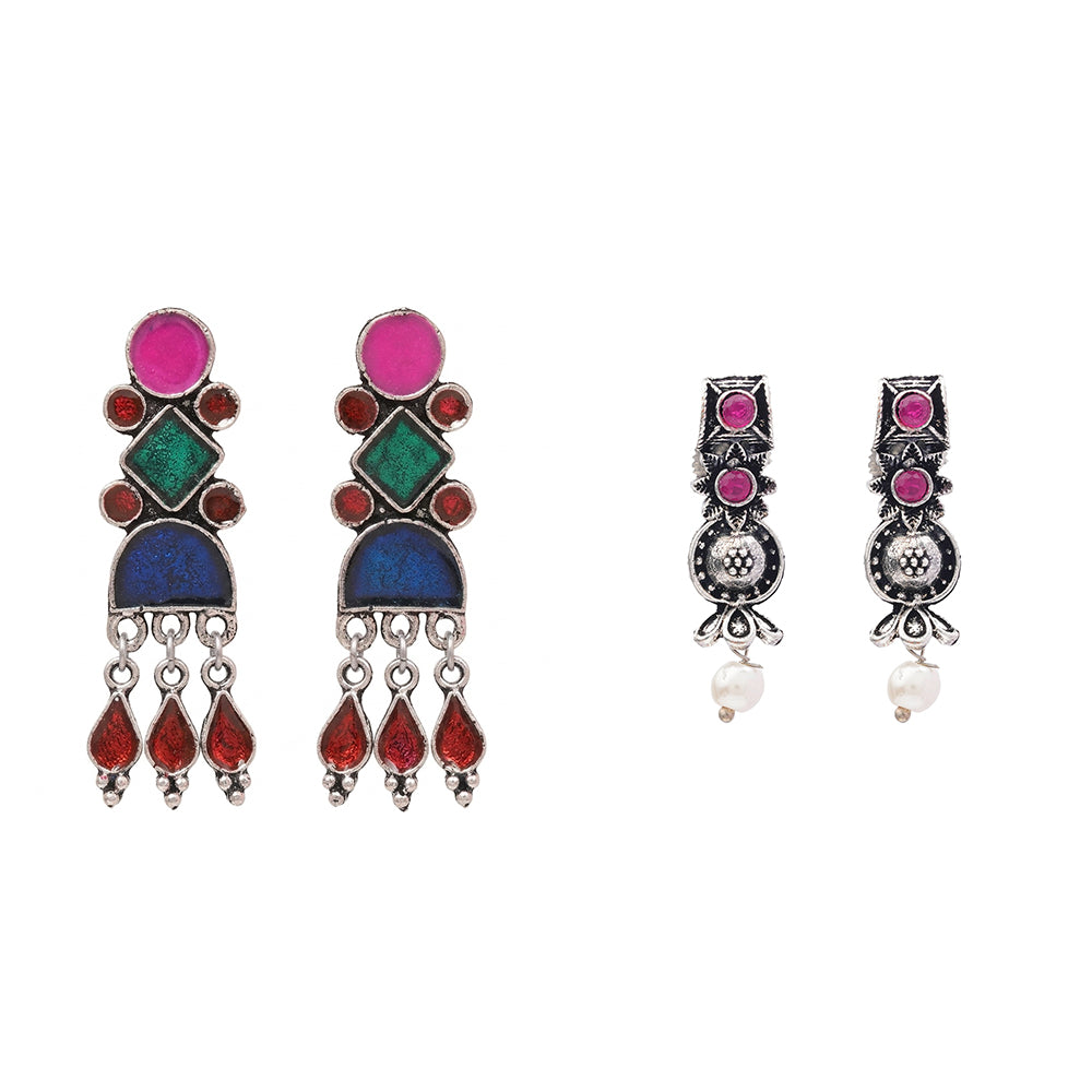Rainbow rhine dangler earrings (Multicolored)&Wonderful wildflower oxidised stud earrings (Red) Combo set