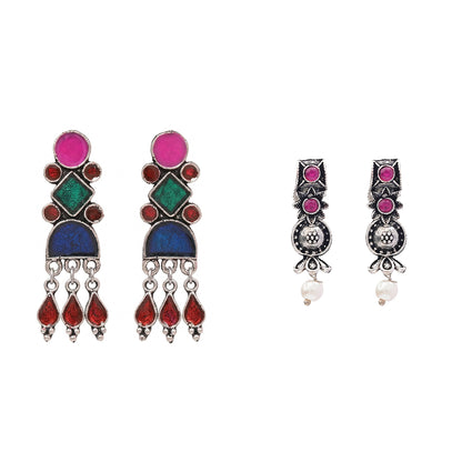 Rainbow rhine dangler earrings (Multicolored)&Wonderful wildflower oxidised stud earrings (Red) Combo set