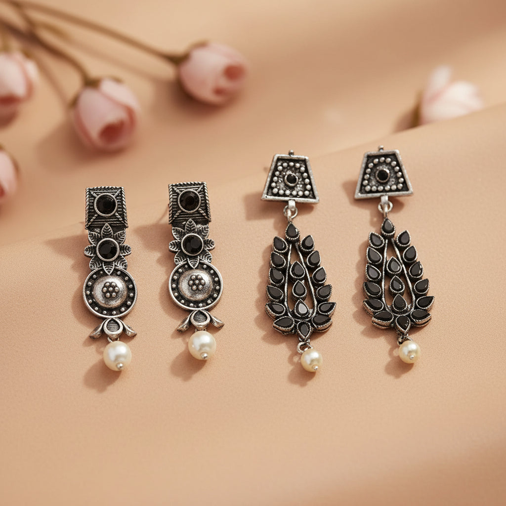 Wonderful wildflower oxidised stud earrings (Black)&Precious Petal stone studded dangler earring (Black) Combo set