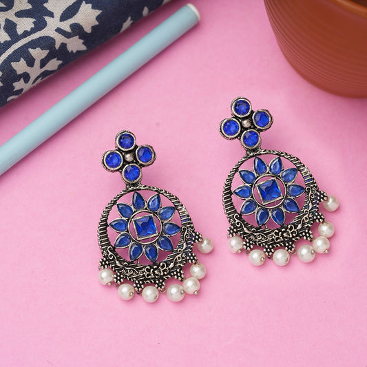 Blue Stone Studded German Silver Stud Earrings With Hanging Pearls