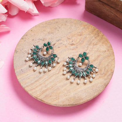 Green Stone Studded Statement German Silver Dangler Earrings