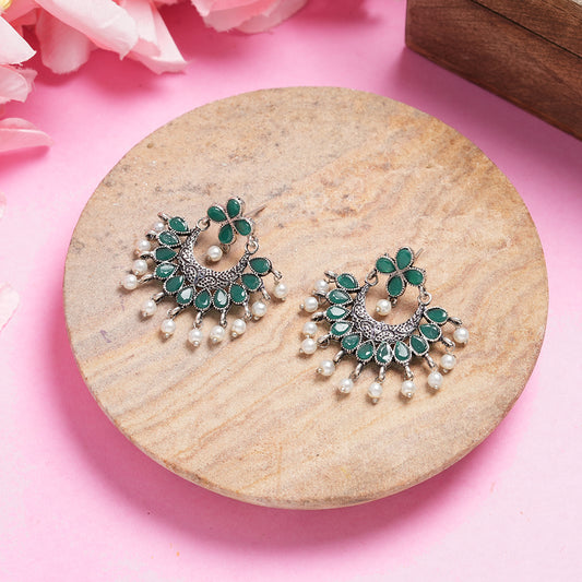 Green Stone Studded Statement German Silver Dangler Earrings
