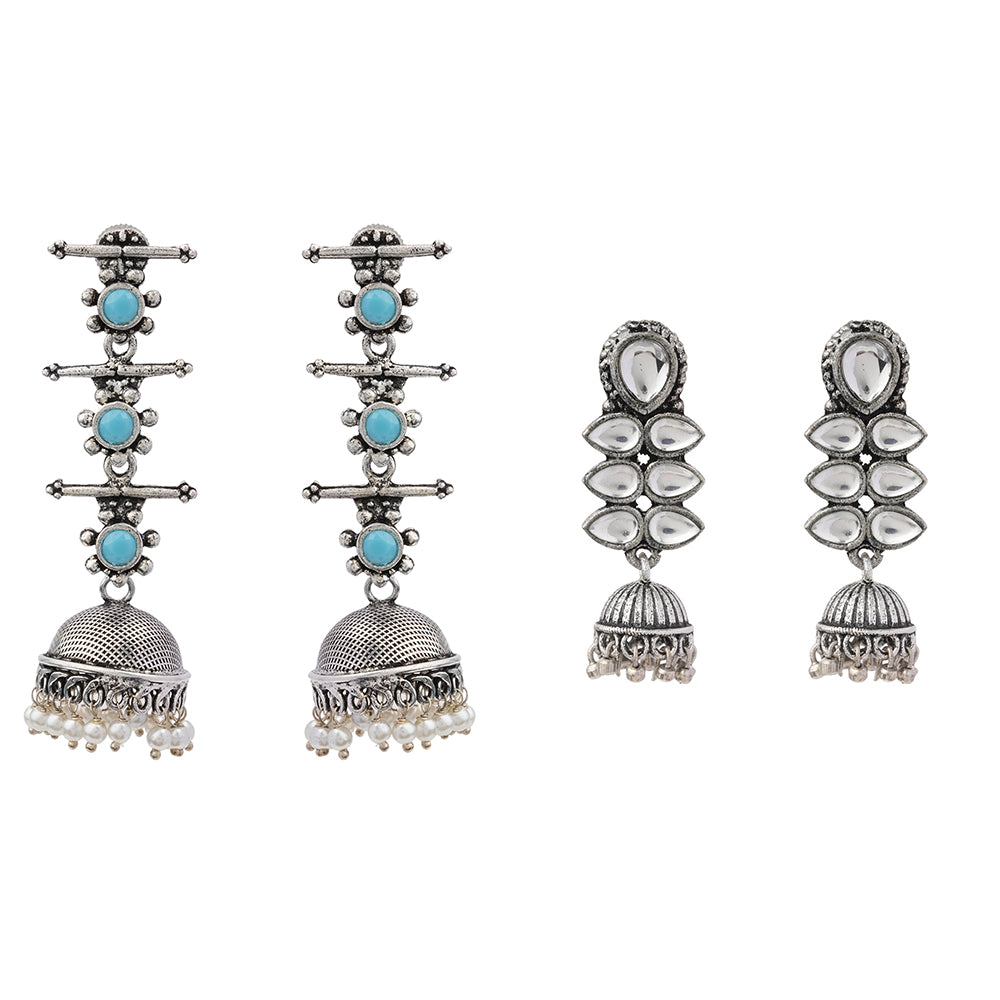 Dazzle Dash Jhumki earring (White)&Royal Triple Bell Layered Jhumka Earring (Sky Blue) Combo set