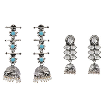 Dazzle Dash Jhumki earring (White)&Royal Triple Bell Layered Jhumka Earring (Sky Blue) Combo set